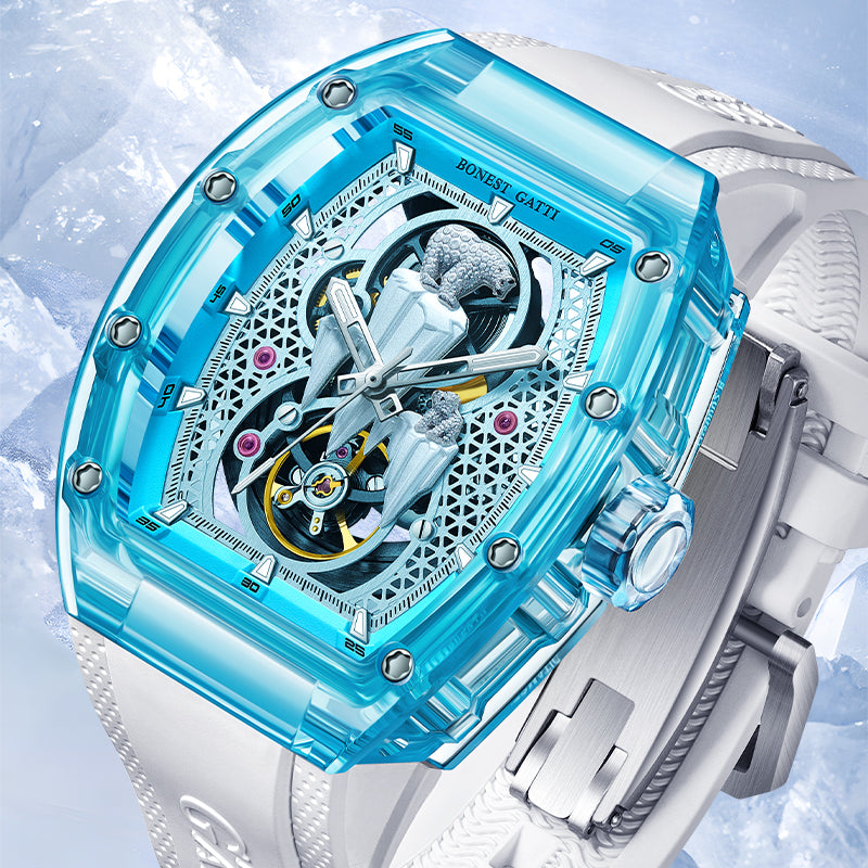 BONEST GATTI Crystal Case 3D Polar Bear Tonneau shaped Skeleton Movement K9 Crystal Case Fluororubber Strap Watch Luminous GB6002