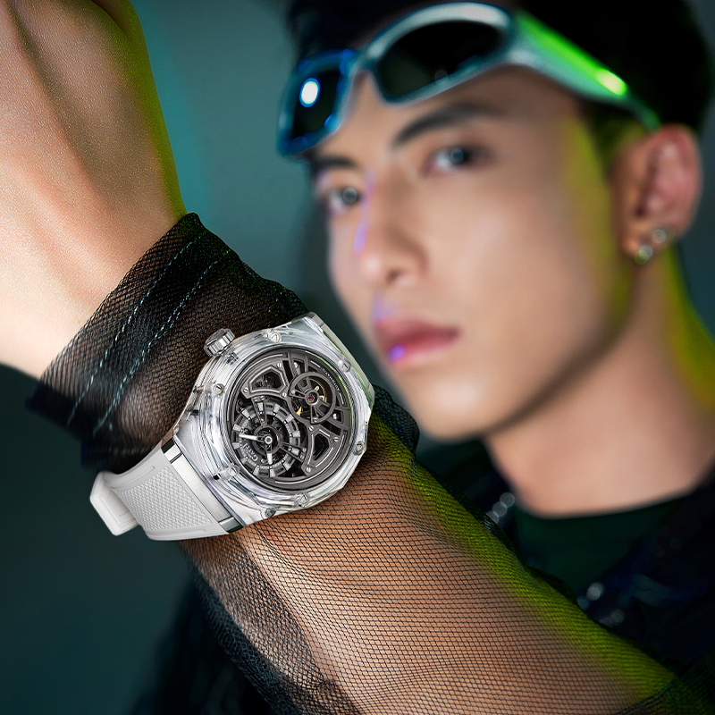 BONEST GATTI Transparent Case Dodecagon Bezel Automatic Skeleton Movement Round Shaped Fluororubber Strap Watch BG-5807