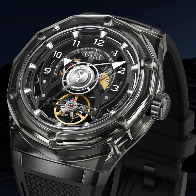 BONEST GATTI Transparent Case Dodecagon Bezel Automatic Skeleton Movement Round Shaped Fluororubber Strap Watch BG6003-R2