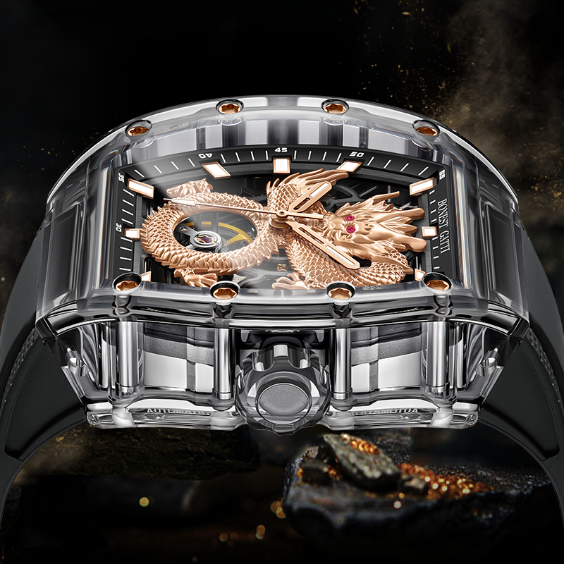 BONEST GATTI Crystal Case Dragon Barrel shaped Skeleton Movement K9 Crystal Case Fluororubber Strap Watch Luminous GB9980