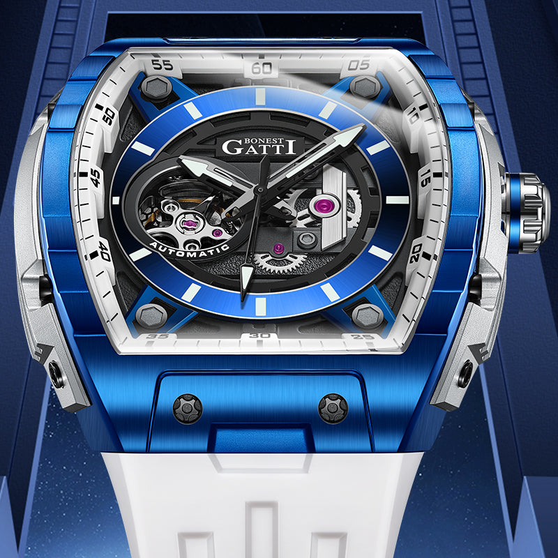 BONEST GATTI Tonneau Automatic Men Watch Barrel shaped Skeleton Self Wind Movement Watch Sapphire Crystal Luminous BG5602
