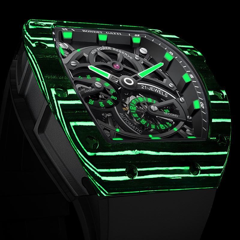 BONEST GATTI Carbon Fiber + Aluminum Alloy Case Barrel Shaped Tonneau Watch Skeleton Movement Sapphire Crystal Quick-Release Strap Watch BG9004