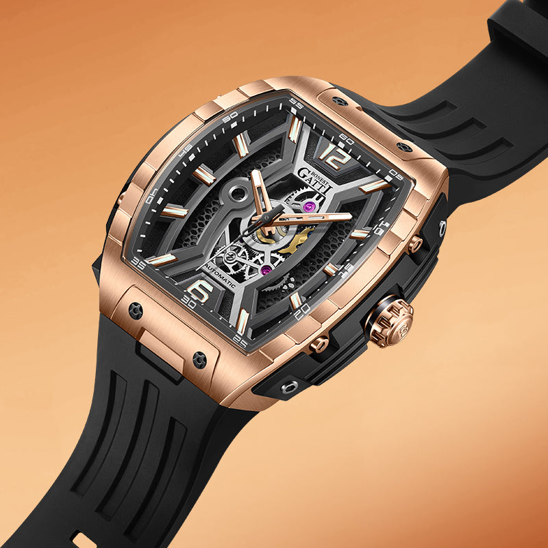 BONEST GATTI Automatic Tonneau Men Watch Barrel shaped Case Skeleton Self Wind Movement Wristwatch Luminous BG5601