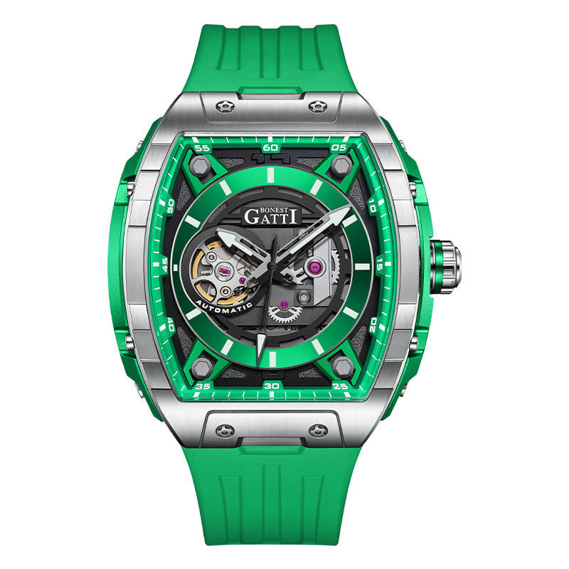 BONEST GATTI Tonneau Automatic Men Watch Barrel shaped Skeleton Self Wind Movement Watch Sapphire Crystal Luminous BG5602