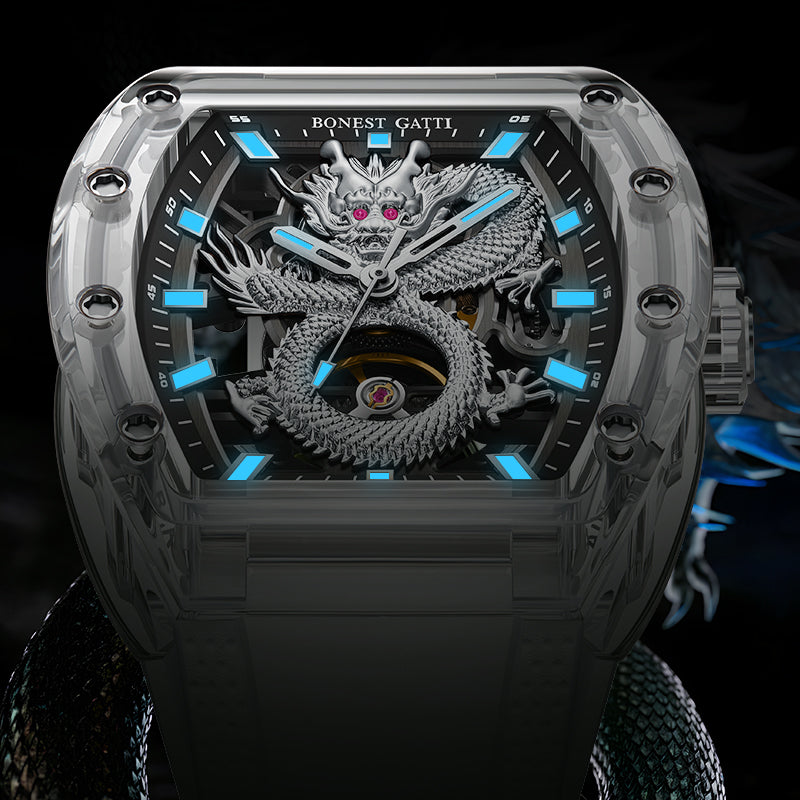 BONEST GATTI Crystal Case Dragon Barrel shaped Skeleton Movement K9 Crystal Case Fluororubber Strap Watch Luminous GB9980