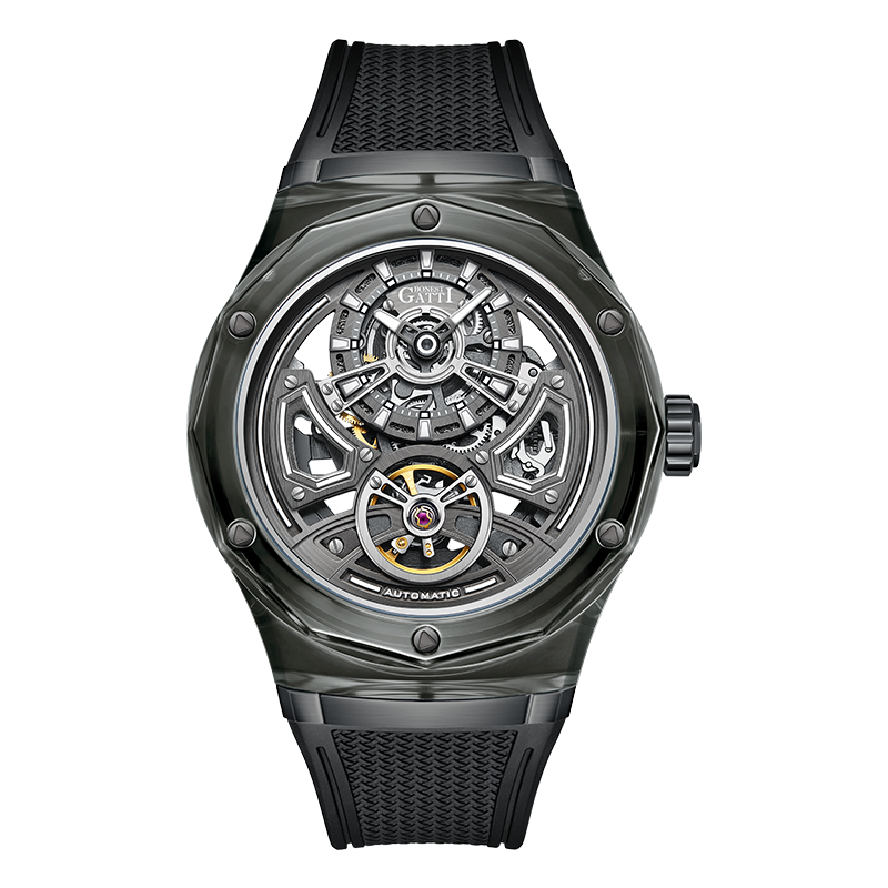 BONEST GATTI Transparent Case Dodecagon Bezel Automatic Skeleton Movement Round Shaped Fluororubber Strap Watch BG-5807