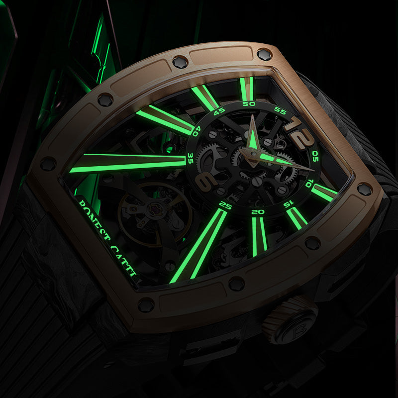 Carbon fiber+fine Steel Case Barrel shaped sapphire crystal watch Skeleton Movement Watch BG9950