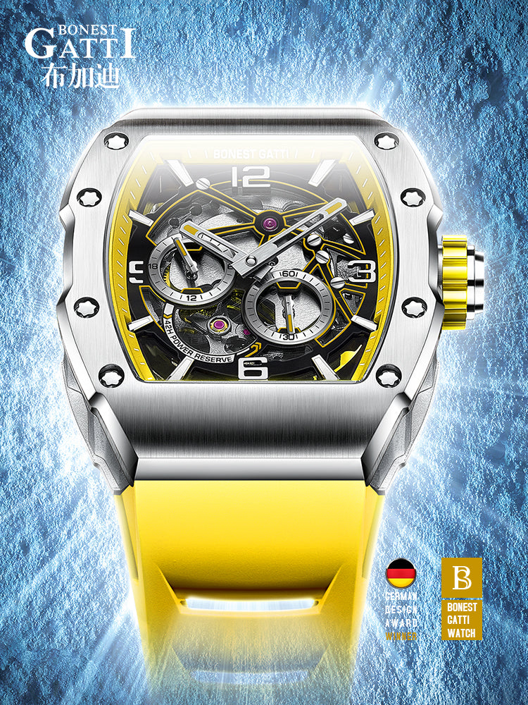 BONEST GATTI Barrel shaped Skeleton Sapphire Crystal CITIZEN Movement Watch BG9903