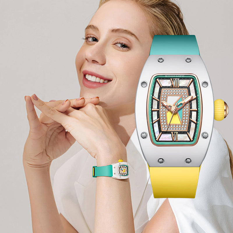 BONEST GATTI Ceramic Case Mother-of-pearl 80 Zirconia Stones Dial Women's Mechanical Watch Luxury Brand Sapphire Rubber Glass Ladies Automatic Waterproof Girl Wristwatch BG3003-R2