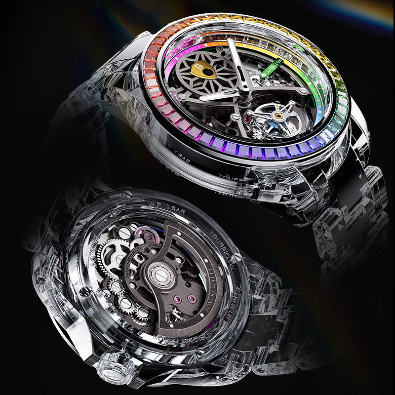 BONEST GATTI Automatic Tourbillon Movement Transparent K9 Crystal Case Skeleton Dial Sapphire Watch Crystal Rainbow Bezel K9 Crystal Bracelet 3ATM Waterproof Luminous BG7002