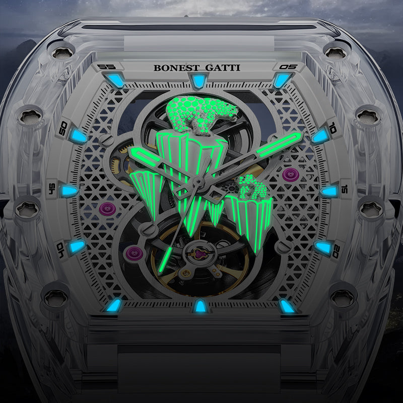 BONEST GATTI Crystal Case 3D Polar Bear Tonneau shaped Skeleton Movement K9 Crystal Case Fluororubber Strap Watch Luminous GB6002
