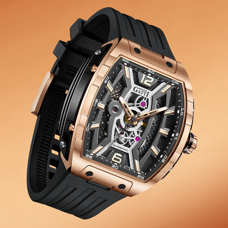 BONEST GATTI Automatic Tonneau Men Watch Barrel shaped Case Skeleton Self Wind Movement Wristwatch Luminous BG5601