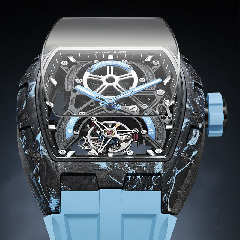 BONEST GATTI Automatic Tourbillon Movement Tonneau Shaped Forged Carbon Fiber Case Sapphire Crystal Fluororubber Strap Luminous BG7003