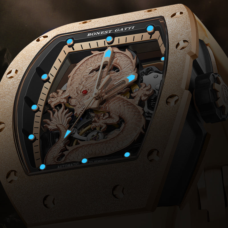 BONEST GATTI Tonneau Shaped Dragon theme frosted gold finishing Case Men's Automatic Mechanical Watch Luminous BG5003
