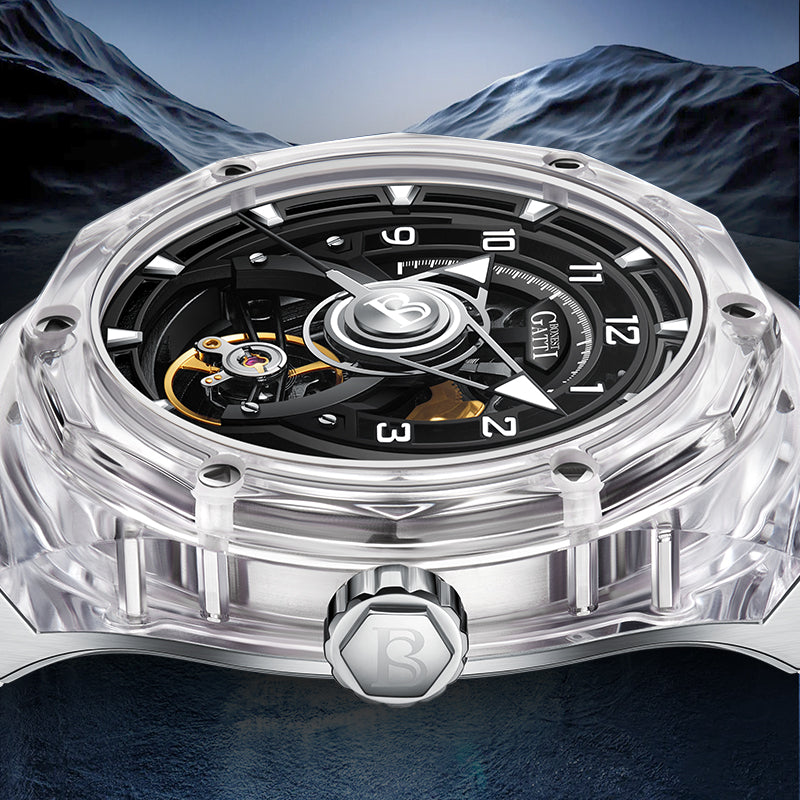 BONEST GATTI Transparent Case Dodecagon Bezel Automatic Skeleton Movement Round Shaped Fluororubber Strap Watch BG6003-R2