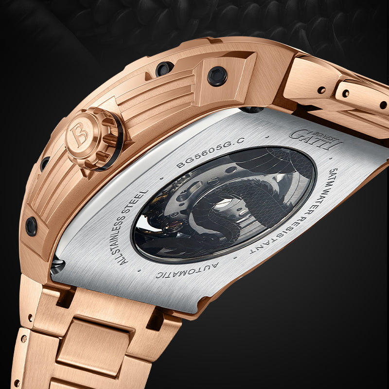 BONEST GATTI Barrel Dragon 185 Zircon Stones Bezel Stainless Steel Bracelet Men's Automatic Mechanical Watch Luminous BG5605L