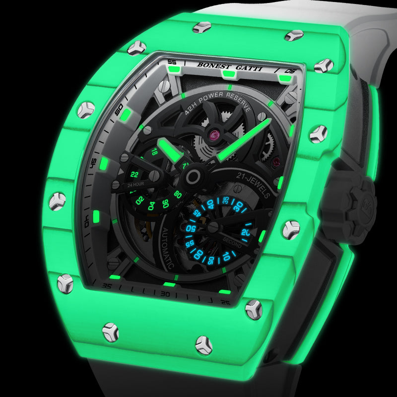 BONEST GATTI Carbon Fiber + Aluminum Alloy Case Barrel Shaped Tonneau Watch Skeleton Movement Sapphire Crystal Quick-Release Strap Watch BG9004