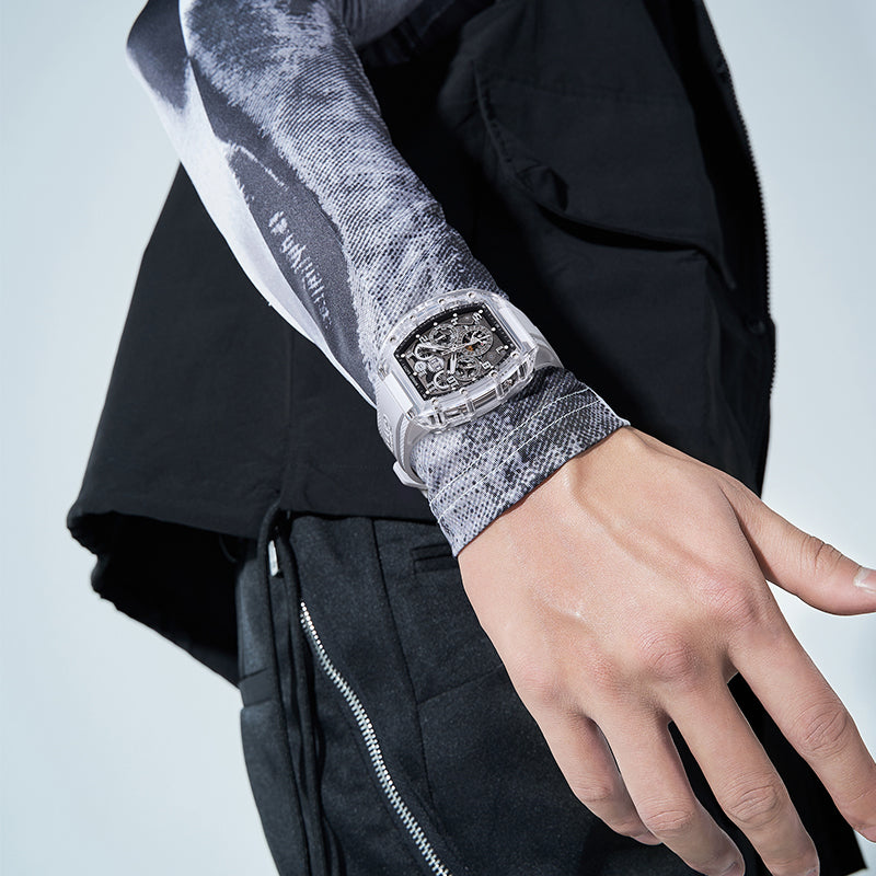 BONEST GATTI Barrel shaped Skeleton Movement K9 Crystal Case Fluororubber Strap Watch Luminous BG9920
