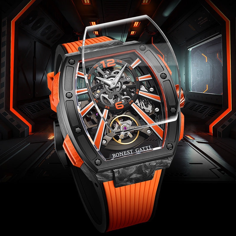 Carbon fiber+fine Steel Case Barrel shaped sapphire crystal watch Skeleton Movement Watch BG9950