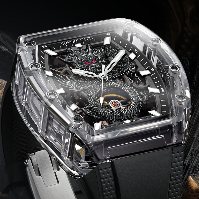 BONEST GATTI Crystal Case Dragon Barrel shaped Skeleton Movement K9 Crystal Case Fluororubber Strap Watch Luminous GB9980