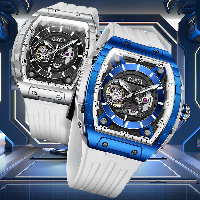 BONEST GATTI Tonneau Automatic Men Watch Barrel shaped Skeleton Self Wind Movement Watch Sapphire Crystal Luminous BG5602