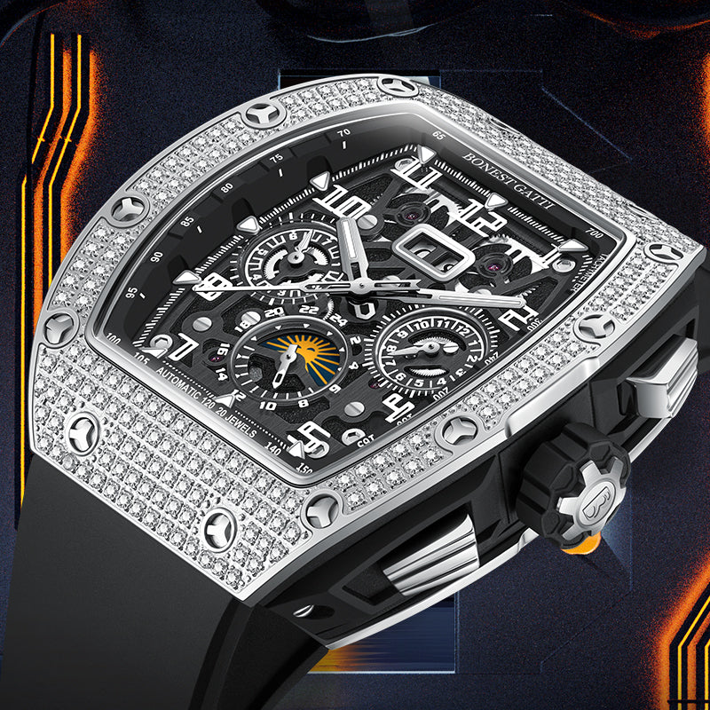 BONEST GATTI Automatic Zircon Bezel Barrel Shaped Skeleton Sapphire Crystal Watch BG5004
