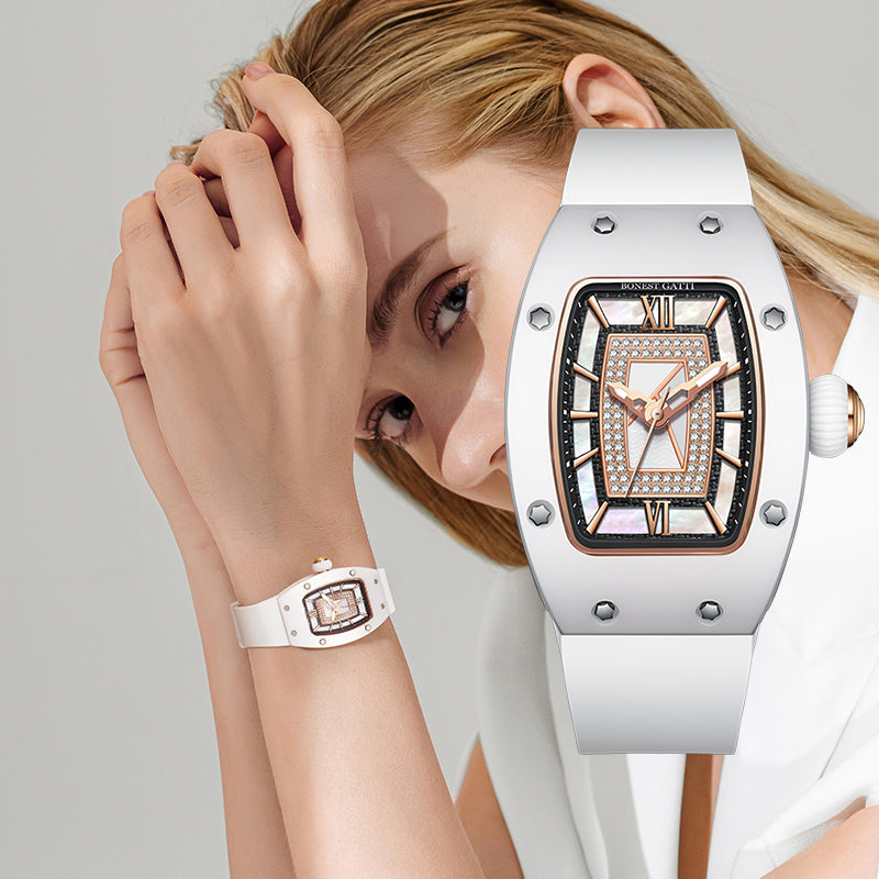 BONEST GATTI Ceramic Case Mother-of-pearl 80 Zirconia Stones Dial Women's Mechanical Watch Luxury Brand Sapphire Rubber Glass Ladies Automatic Waterproof Girl Wristwatch BG3003-R2