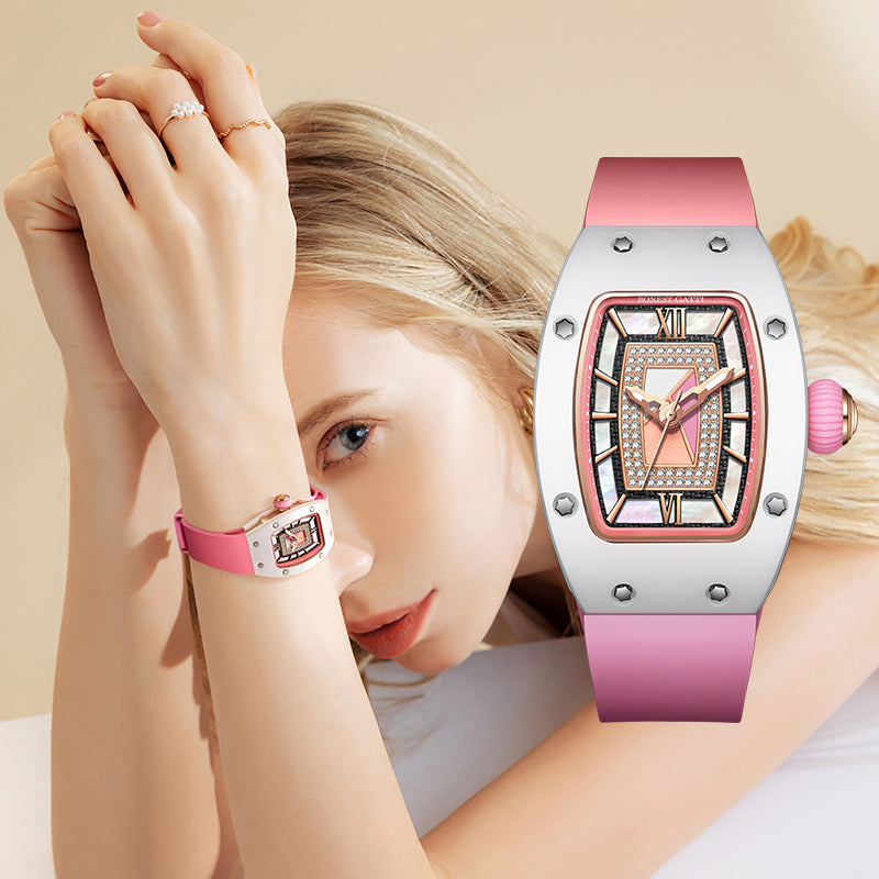 BONEST GATTI Ceramic Case Mother-of-pearl 80 Zirconia Stones Dial Women's Mechanical Watch Luxury Brand Sapphire Rubber Glass Ladies Automatic Waterproof Girl Wristwatch BG3003-R2