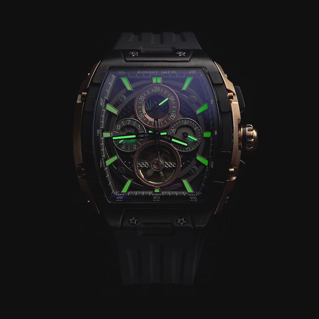 BONEST GATTI Automatic Tonneau Watch Calendar Week Display Skeleton Self Wind Movement Sapphire Crystal Luminous Watch BG5005